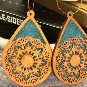 Wooden Teardrop Earrings with Blue Accents